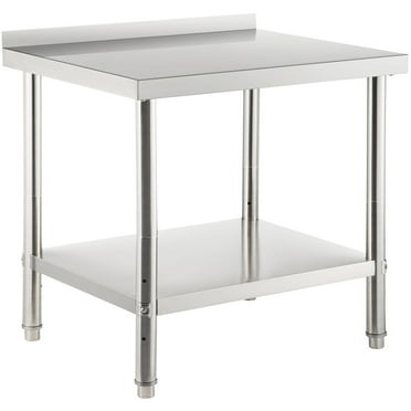KFFKFF Stainless Steel Prep Table, 36 x 24 x 35 inches, 440 lb load capacity heavy duty metal worktop with backsplash and adjustable base, kitchen restaurant commercial workstation