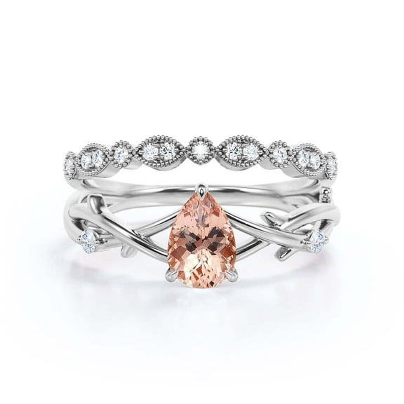 Boho & hippie 1.60 Carat Pear Cut Morganite And Diamond Moissanite Unique Engagement Ring, Wedding Ring, Inspired And Branch Ring in 925 Sterling Silver With 18k White Gold Plating, Bridal Ring Set