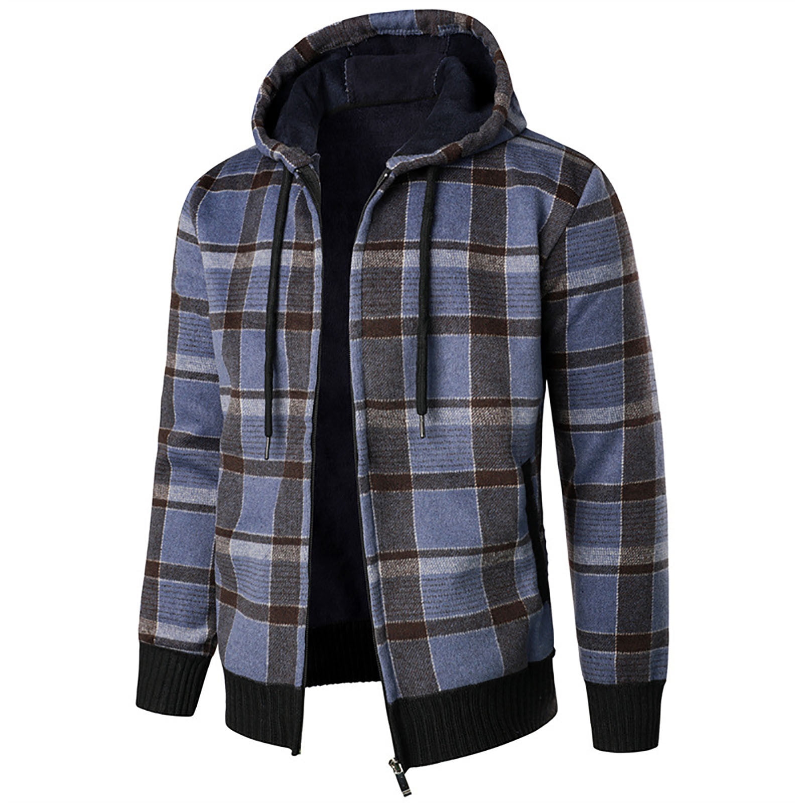 Blue Zippered Hoodies For Men'S Fashion And Winter Plaid Hooded