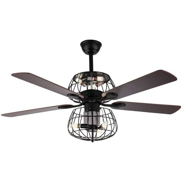 Tfcfl 52 Ceiling Fan Light 3 Sd Remote Control Cage Wrought Iron Chandelier Metal 5 Wooden Blades Bronze Com - Iron Chandelier Ceiling Fan