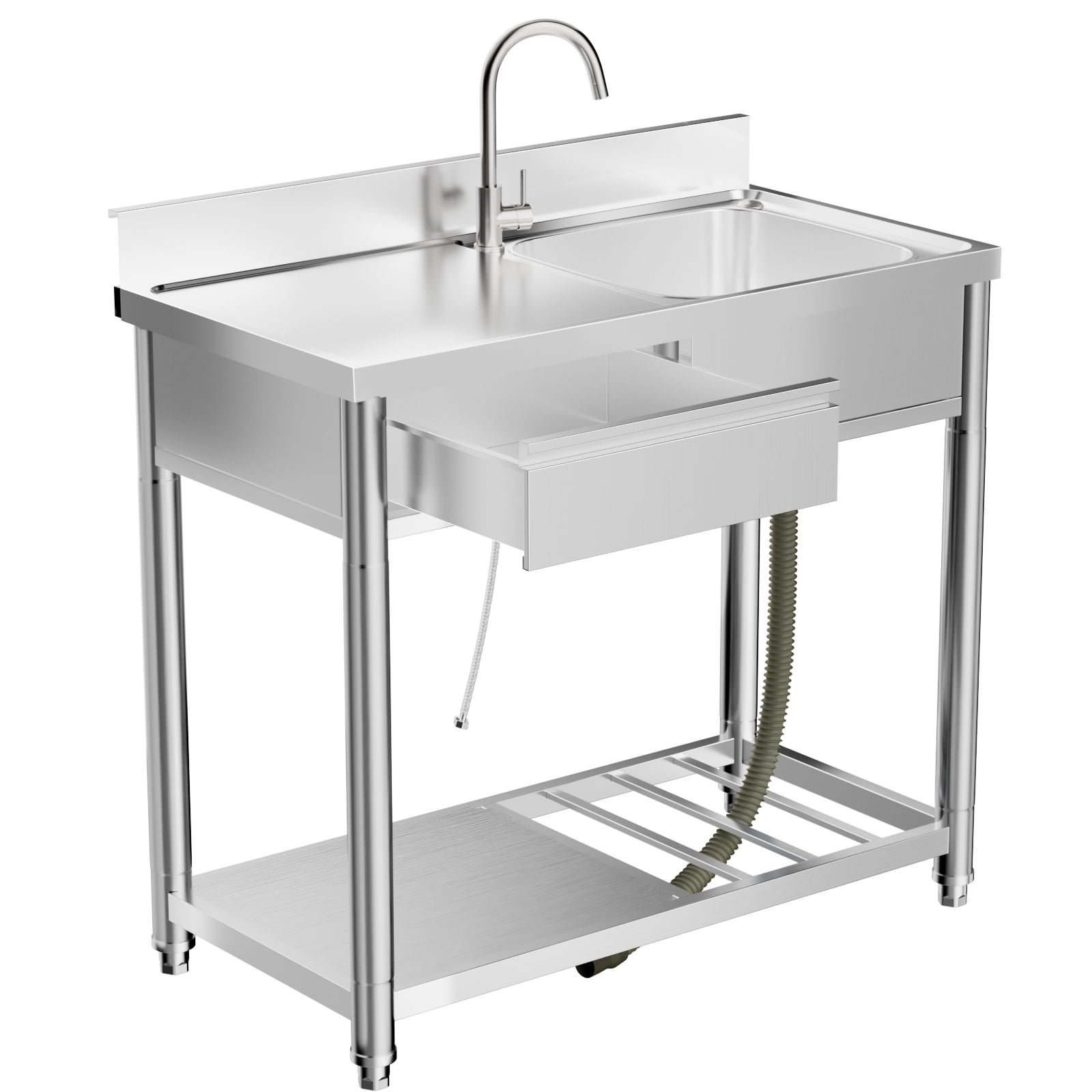 LiviNest Outdoor Utility Sink Station: 3-in-1 Wash Prep Store Center - 39" Stainless Steel Sink with Workbench & Drawer - 55lb Countertop & 360° Faucet for Backyard BBQ & Garden