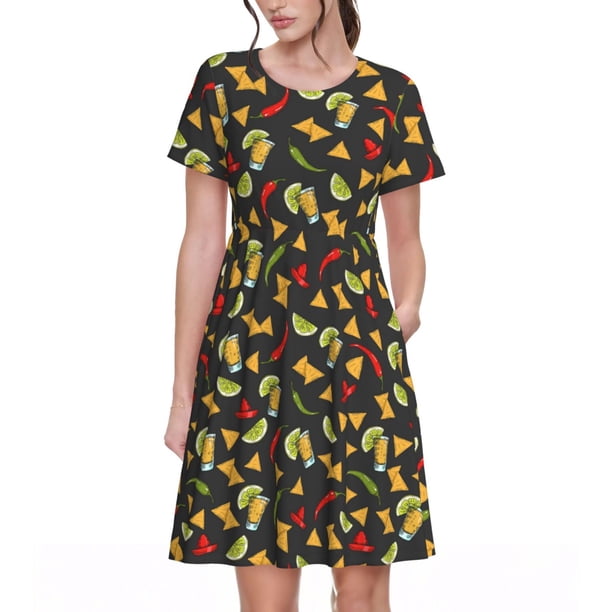 Balery Mexican Food Beer Vestidos sueltos de manga corta para mujer, vestidos de verano 2025, vestidos casuales de corte A con vuelo.