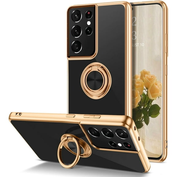 S21 Ultra Case,Galaxy S21 Ultra Case,Slim Fit Soft 360° Ring Holder Kickstand Magnetic Car Mount Supported Easy Clean Shockproof Protective Cover for Samsung Galaxy S21 Ultra 6.8",Black/Golden
