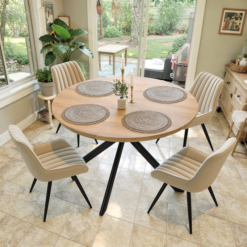 Hawsaiy 47" Round Dining Table for 4-6, Modern Farmhouse Kitchen Table with Metal Legs, Wood Circle Dinner Table for Kitchen & Dining Room, Natural