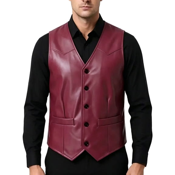 StSilkitty Mens Leather Vest Sleeveless V Neck Button down Waistcoat with Pockets Fall Winter Lightweight Fashion Outerwear