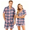 thumbnail image 2 of VV AVEORS Plaid Satin Matching Pajamas For Couples Silk Button Down Pjs Set Women & Men Short Sleeve Sleepwear 2 Pcs Loungewear Red L, 2 of 6