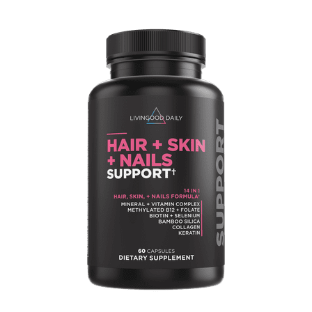 Livingood Daily Hair, Skin & Nails Supplement, 14-in-1 Formula with Biotin, Collagen, Keratin, Bamboo, Selenium, Folate, B12, Zinc and More, Beauty Supplement for Women & Men, Gluten Free, 60 Capsule