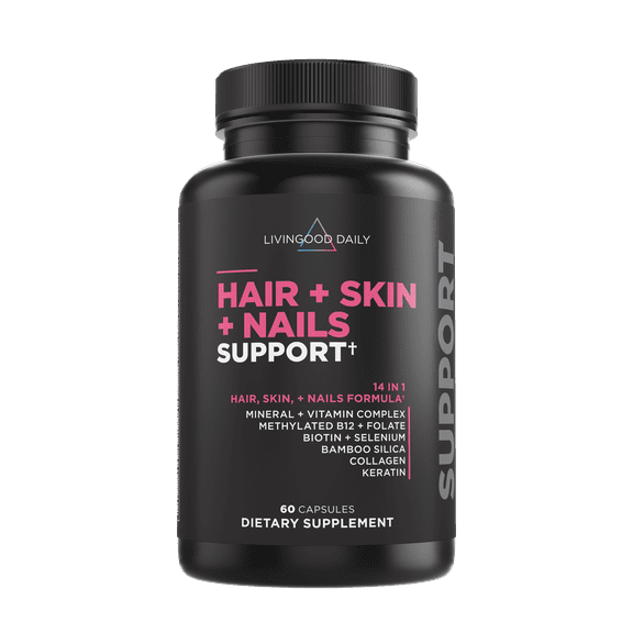 Livingood Daily Hair, Skin & Nails Supplement, 14-in-1 Formula with Biotin, Collagen, Keratin, Bamboo, Selenium, Folate, B12, Zinc and More, Beauty Supplement for Women & Men, Gluten Free, 60 Capsule
