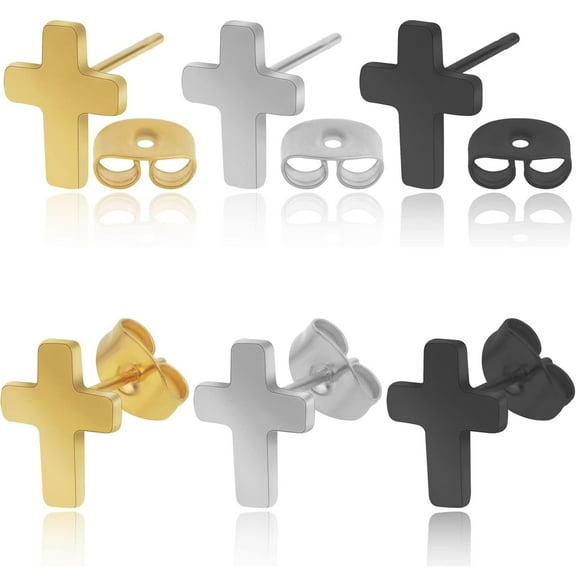 3 Pairs Hypoallergenic Tiny Cross Stud Earrings Stainless Steel Religious Cross Crucifix Shape Earrings Set for Women Men DIY Jewelry Making, 3 Colors