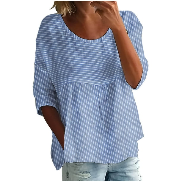 Karight Cotton Linen Shirts for Women 3/4 Sleeve Flowy Tops Loose Boho Summer Blouse Tees Plus Size Outfits