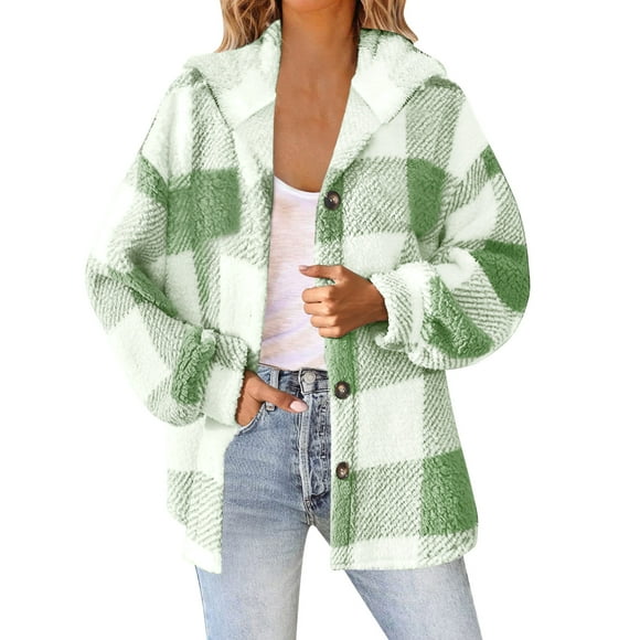 aohooy Warm Fuzzy Hoodies for Women - Fleece Sherpa Plaid Jackets Teddy Coat Casual Button Down Winter Outerwear Green,L