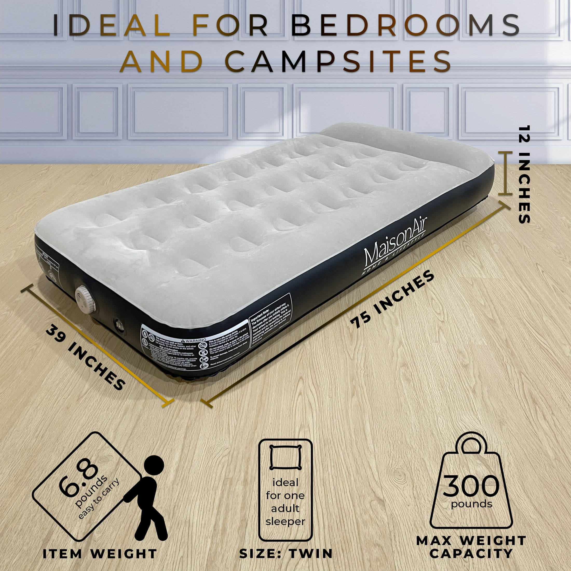 MaisonAir 12in Twin Airbed Premium Air Mattress with Coil Beam Support and Built in Pillow with Rechargeable Pump