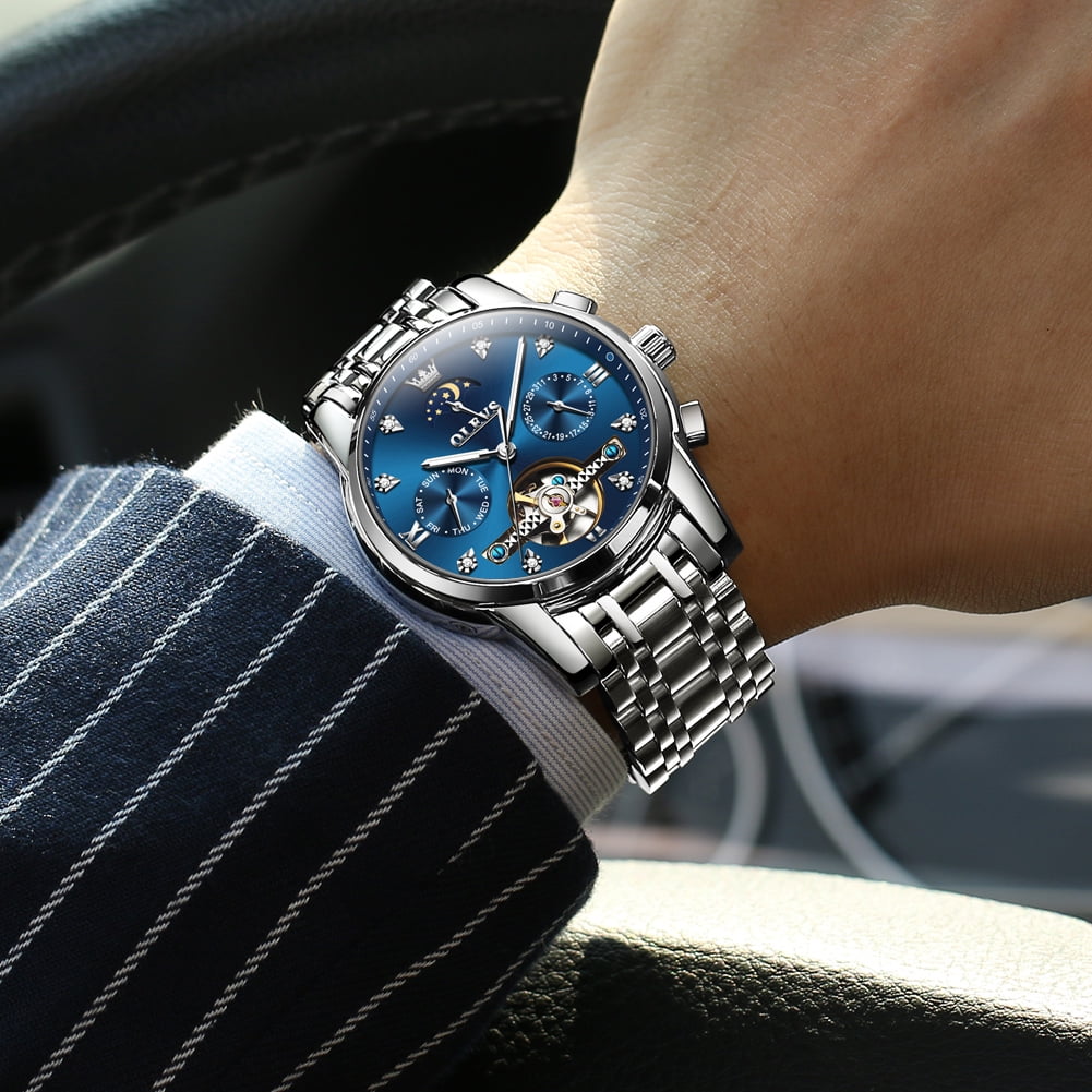 OLEVS Automatic Watches for Men Self Winding Mechanical Skeleton Flywheel Chronograph Luxury Dress Stainless Steel Diamond Moon Phase Waterproof Luminous Mens Wrist Watches Reloj Para Hombre