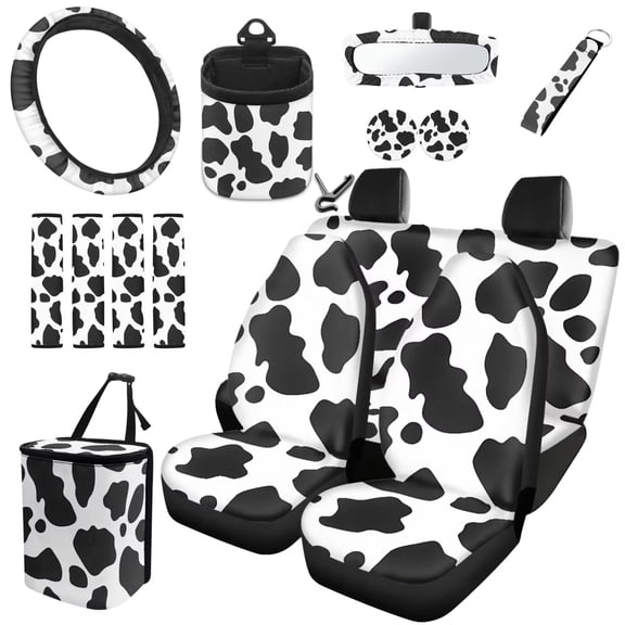HUISEFOR Cow Print Car Seat Cover Full Set 15 Pieces for Most Truck SUV Steering Wheel Cover Seat Belt Cover Car Trash Can Air Vent Storage Bag Keychain Rear View Mirror Cover