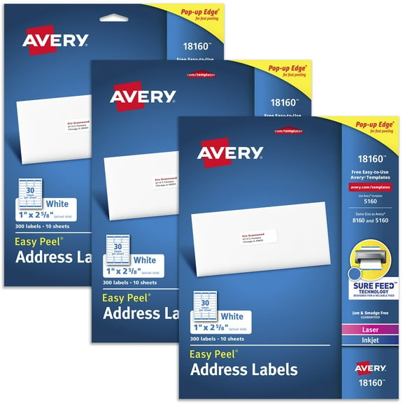 Avery Address Labels for Laser & Inkjet Printers, 300 Labels per Pack, 3 Packs, 900 Total (18160)