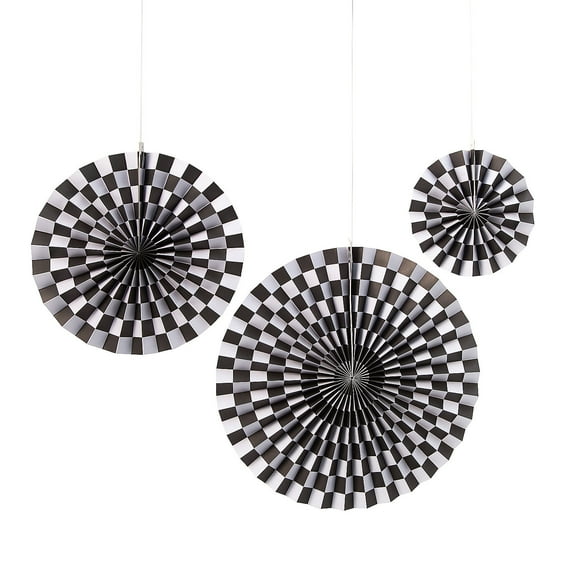 Fun Express 8" – 16" Black and White Checkered Hanging Paper Fans - 6 Pieces, Vacation Bible School Supplies