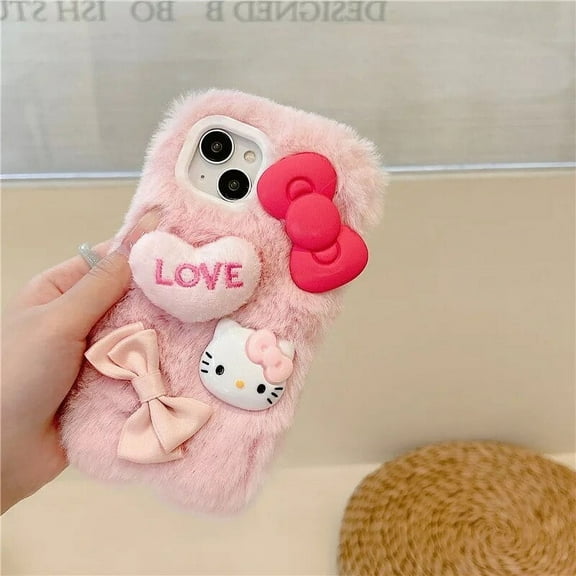 Cartoon Sanrio Hello Kitty Plush Phone Case For IPhone 15 14 13 12 11 Pro Max 15 Pro Winter Warm Plush Anti-fall Back Cover