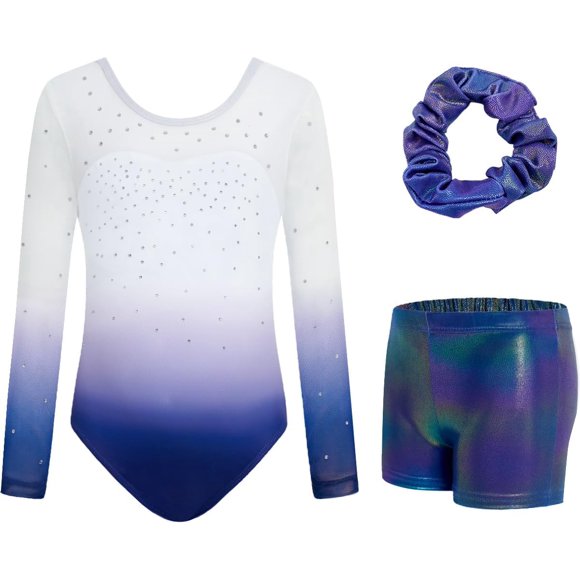Justaucorps de Gymnastique JiAmy pour Filles, Tenue Athlétique de Gymnastique à Manches Longues et Scintillante avec Shorts pour 3-12 Ans