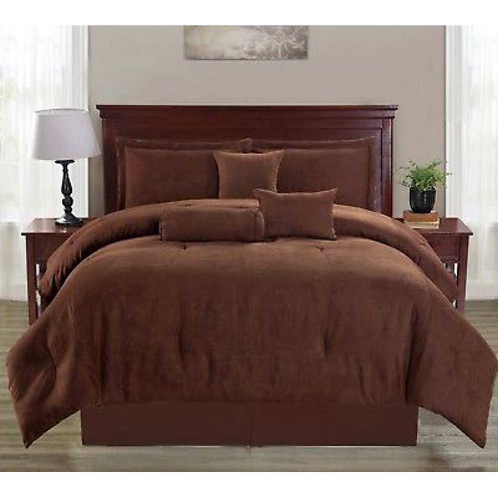 Suede Chocolate Brown Soft Solid 7 Piece Comforter Set Bed In A Bag