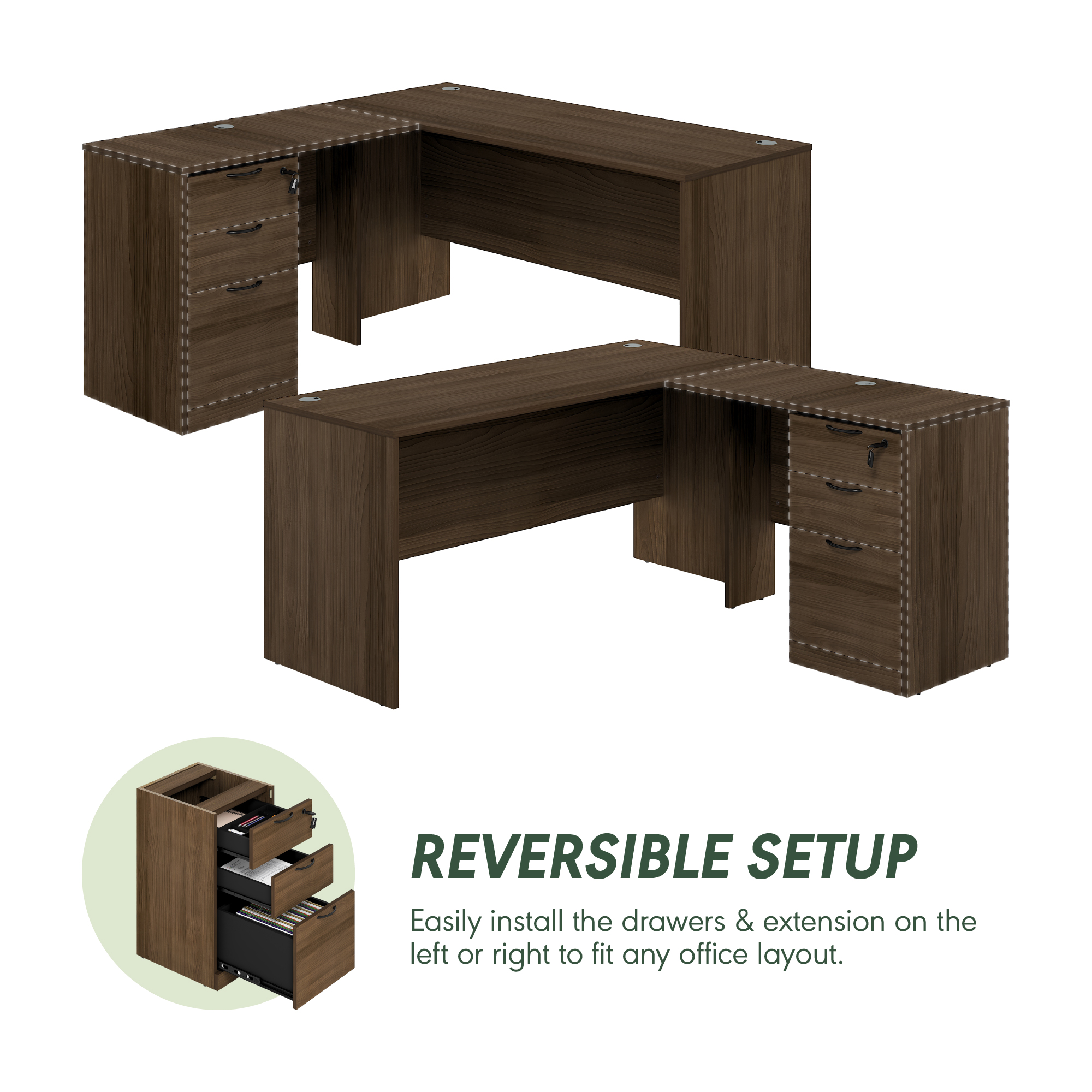 Furinno ROGER 60" L-Shaped Desk with 3-Drawer Cord Grommet Modern Walnut