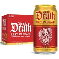 Liquid Death, Rest in Peach Iced Tea, 6-Pack (12 oz Cans), Peach Flavored Back Tea, Low Calorie, No Artificial Sweeteners, B12 & B6 Vitamins