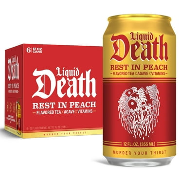 Liquid Death, Rest in Peach Iced Tea, 6-Pack (12 oz Cans), Peach Flavored Back Tea, Low Calorie, No Artificial Sweeteners, B12 & B6 Vitamins