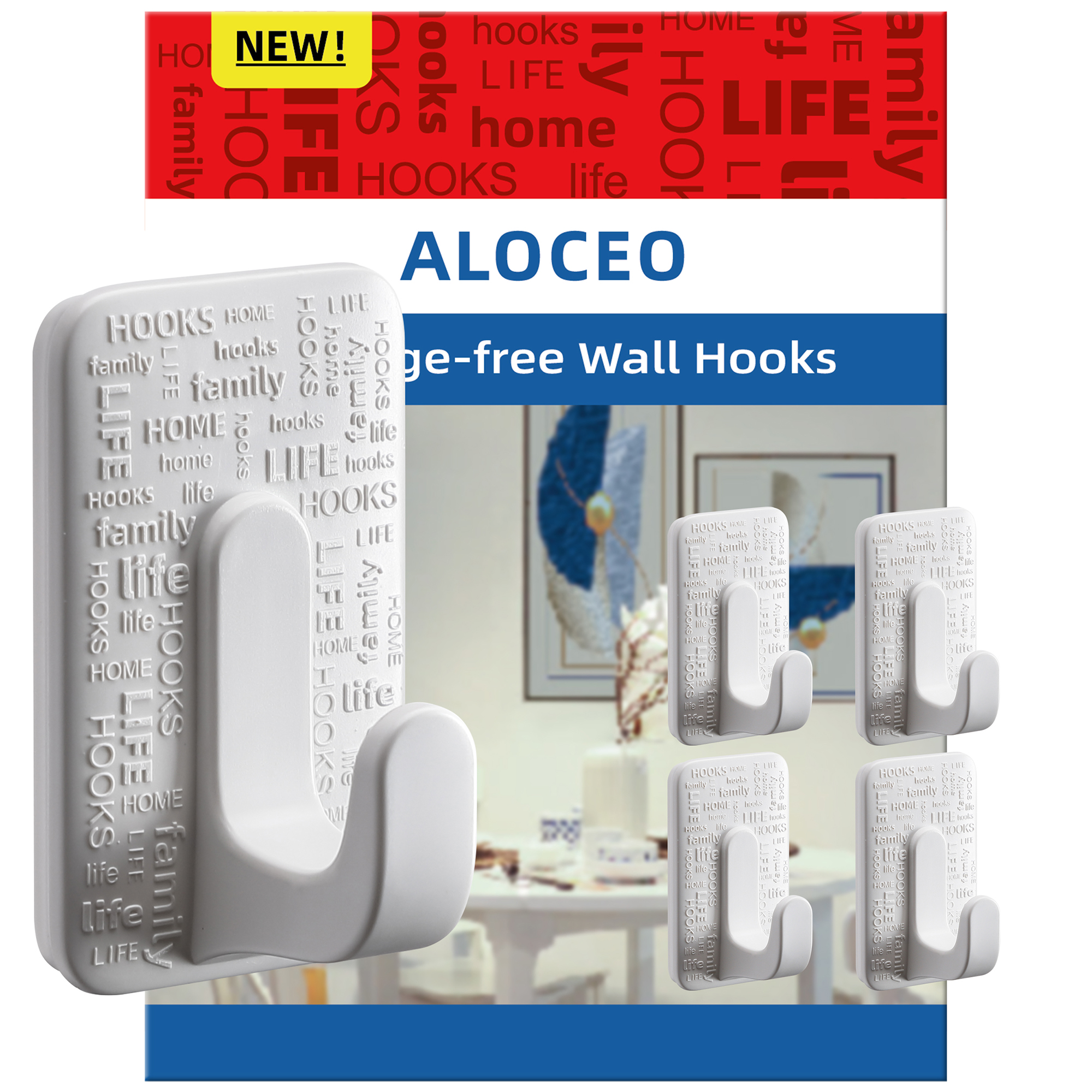 ALOCEO Sticky Hooks for Hanging Shower Wall Hooks Adhesive 5 Hooks