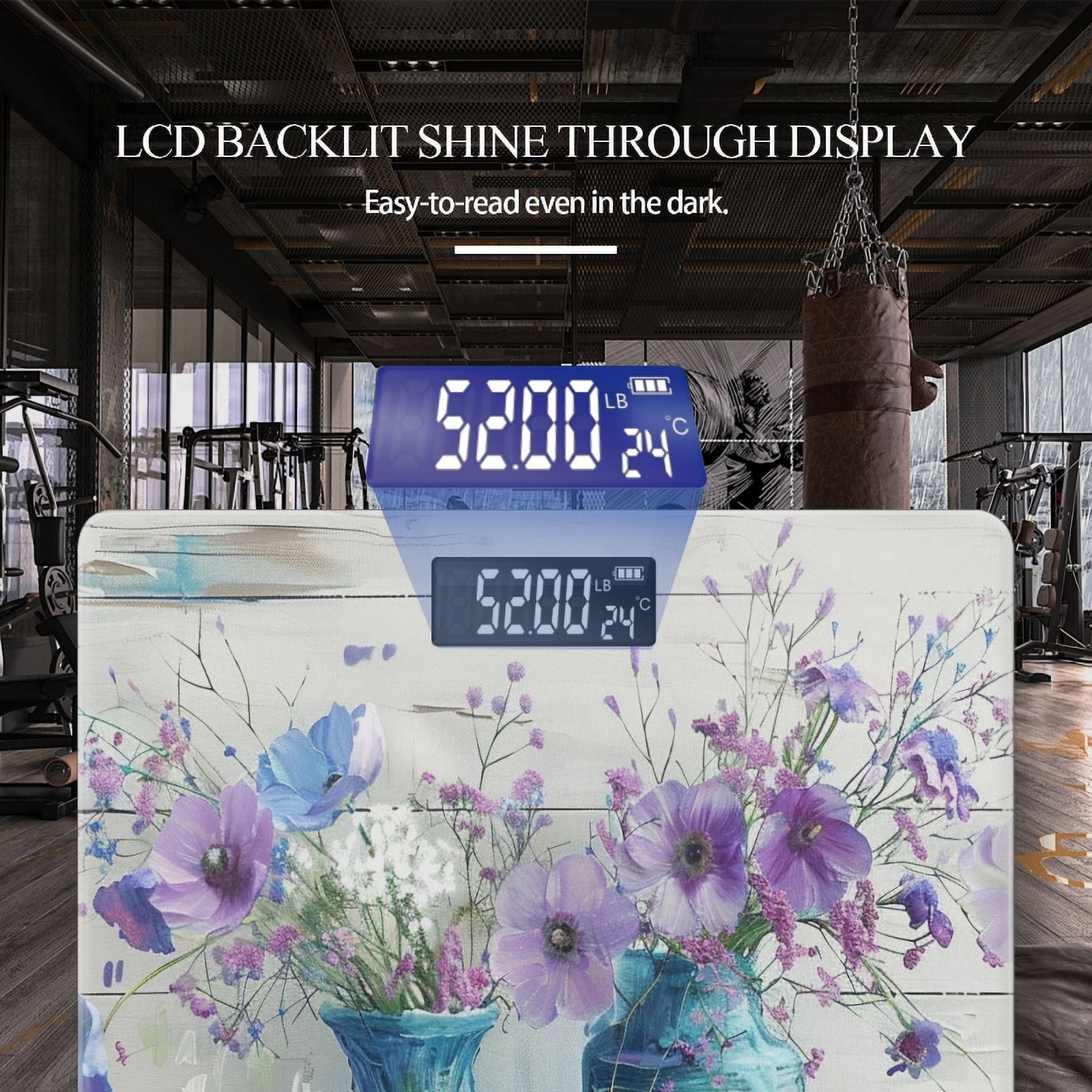 Bathroom Scale, Highly Accurate Digital Body Scale,Precisely Measures Weight up to 400 lbs-Vases Of Purple And Blue Flowers On White Wooden Background