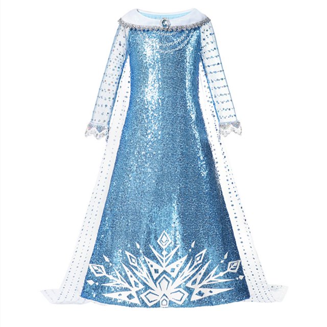 HAWEE Robe de Princesse Elsa Frozen pour Filles Costumes avec Cape à Imprimé Flocon de Neige Manches Longues Robe à Paillettes Bleues