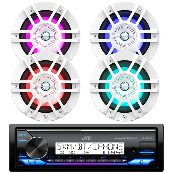 JVC KD-X38MBS Single DIN Marine MotorSports Bluetooth AUX LED Stereo Receiver, 4x 6.5" 300 Watt Peak Power 2-Way Coaxial White Speakers