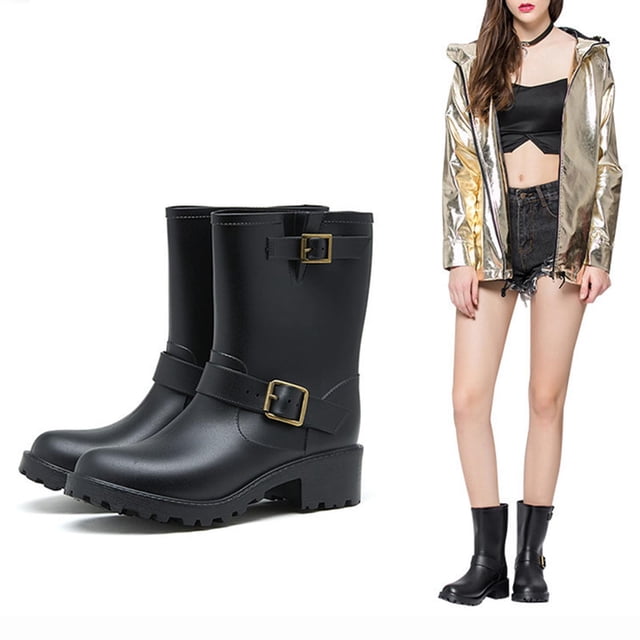 Botas de lluvia de media pantorrilla para mujer, de jardín impermeables, botas de lluvia antideslizantes para mujer con plantillas cómodas, - NEGRO