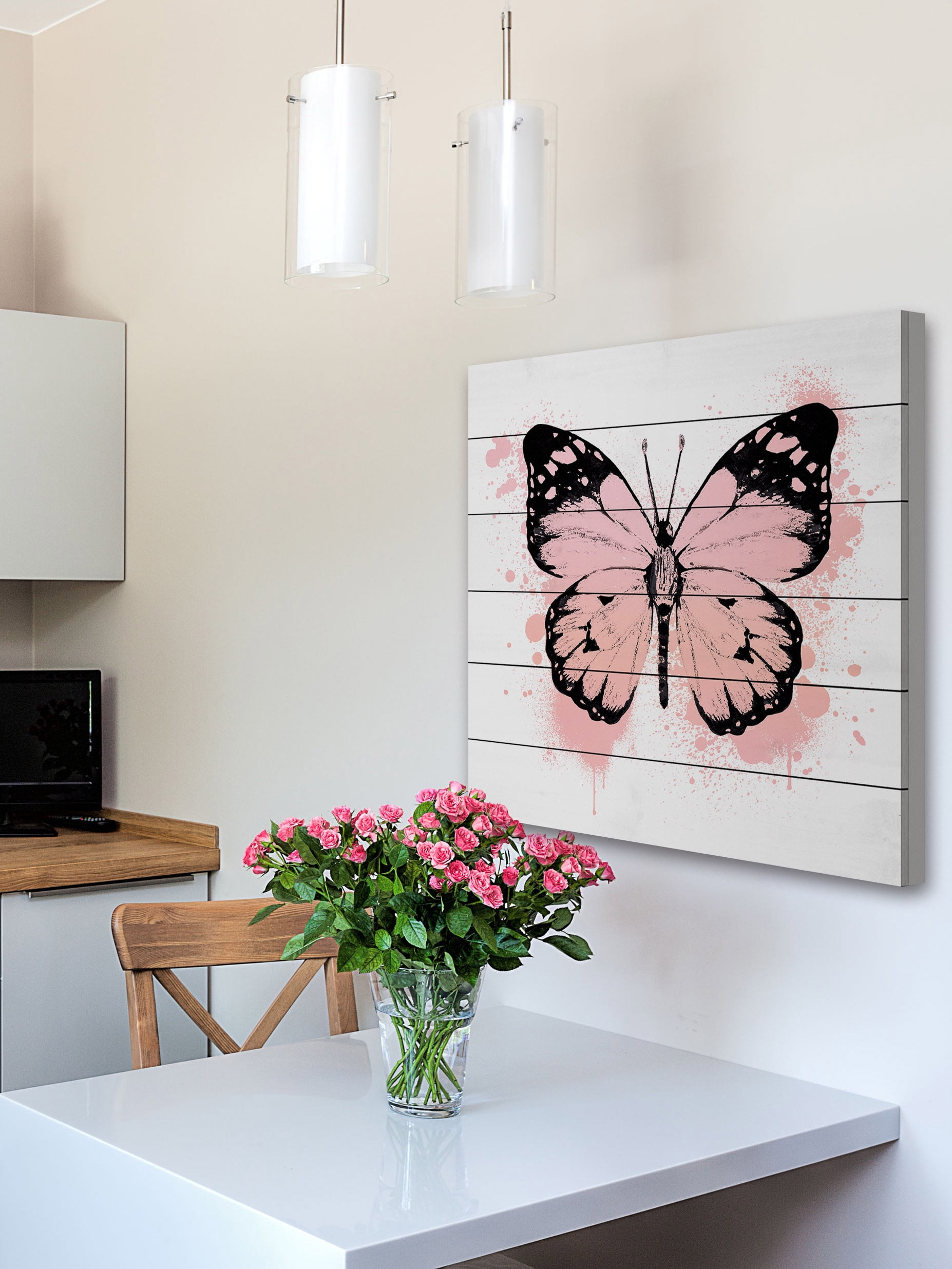 "Butterfly Black Peach" Painting Print on White Wood