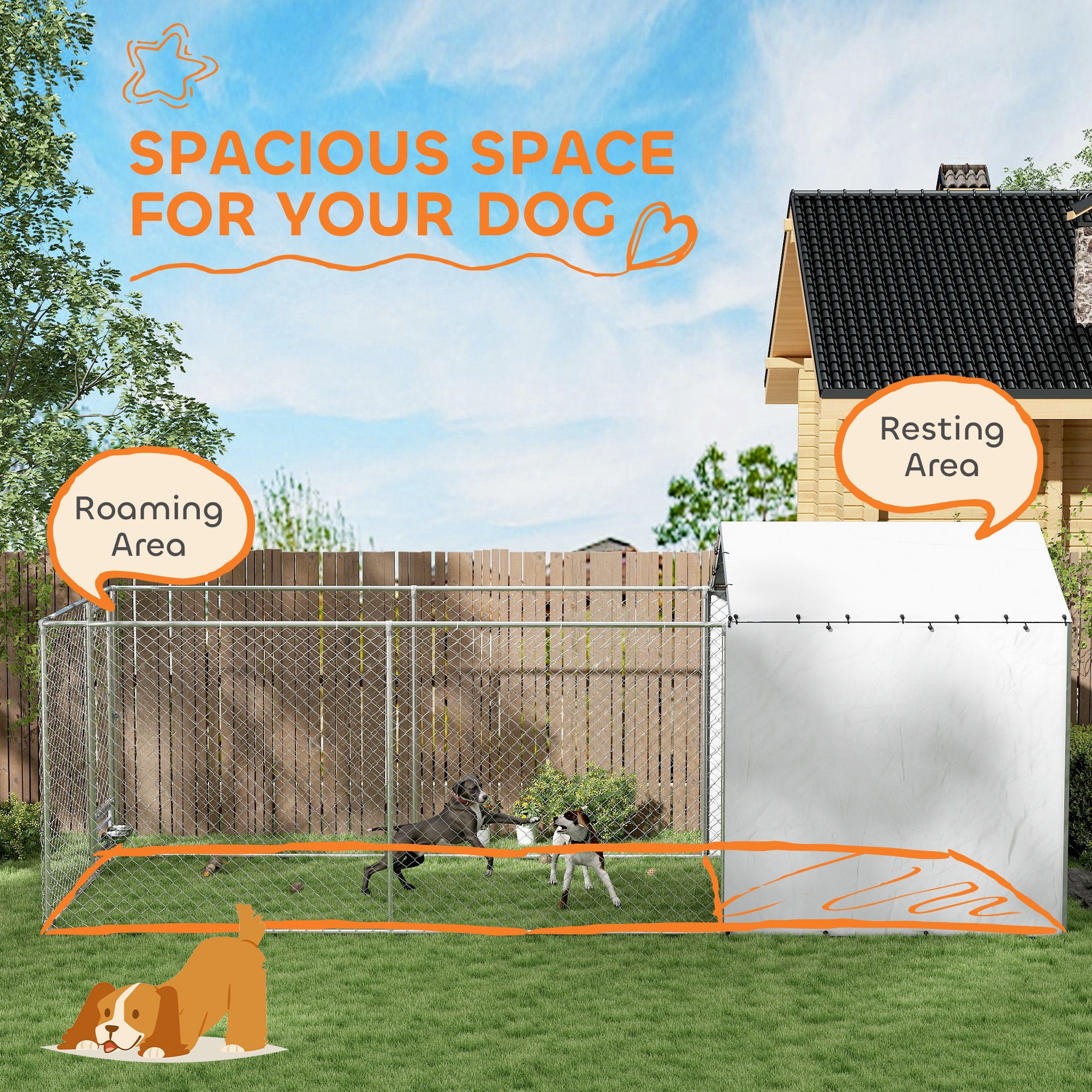 PawHut Large Outdoor Dog Kennel, Chain Link Dog Kennel Outside with Weather Resistant Cover, Rotating Bowls Door, for M&L Dogs, 19.7' x 7.5' x 7.5'
