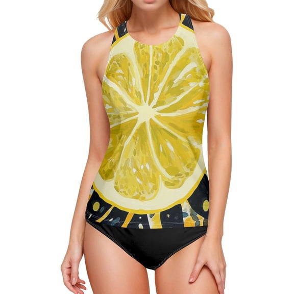 Women's Printed Tankini Top - High Elasticity Slim-Fit Swimsuit with Removable Straps & Cups, Perfect for Beach & Pool Parties,Yellow Lemon