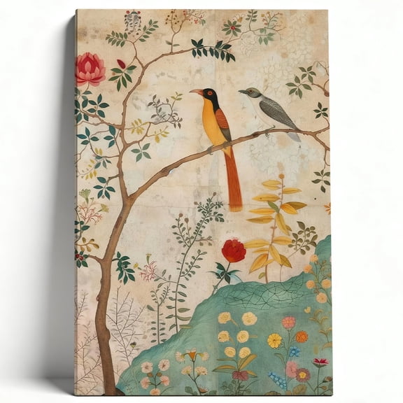 Vintage Indian Jungle Birds Framed Canvas Wall Art - Mughal Style Floral Nature Print For Living Room, Bedroom, Office Decor 8*12inch(20*30cm)
