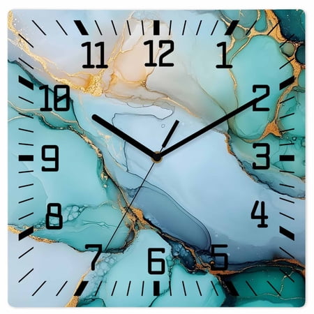 Turquoise Marble Wooden Wall Clock Silent Non Ticking, Farmhouse Abstract Ombre Texture Square Wall Clocks Battery Operated, Decor Clock for Home Office, Living Room, Kitchen, 10 Inch