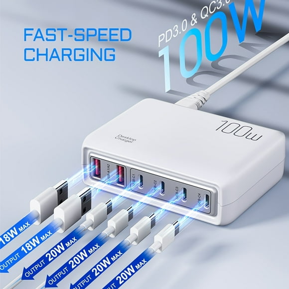 100W USB Charging Station With QC3.0 Quick Charge PD 20W USB Type C Port Fast