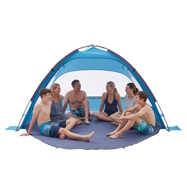 VEVOR Beach Tent Sun Shelter for 6 Person, shown in a vibrant blue color, providing spacious shade for a group of six people seated comfortably inside. The tent features UPF 50+ protection, detachable curtains for ventilation and privacy, and reinforced fiberglass poles for enhanced stability. Ideal for outdoor activities like camping, fishing, and picnics, it includes sand pockets and a carrying bag for portability.