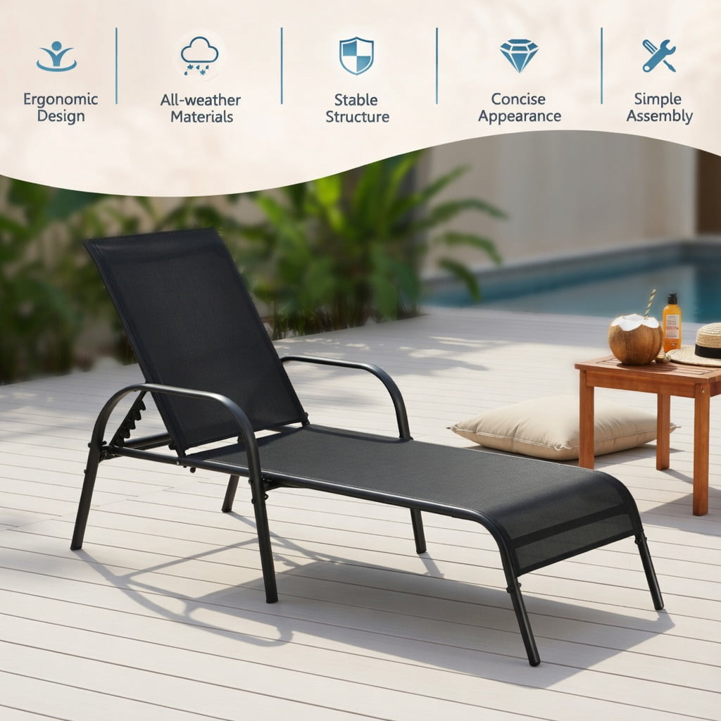 Hommoo Adjustable Folding Patio Chaise Lounge Chair, 5-Position Backrest, Sun-Resistant Fabric & Powder-Coated Steel Frame, Black