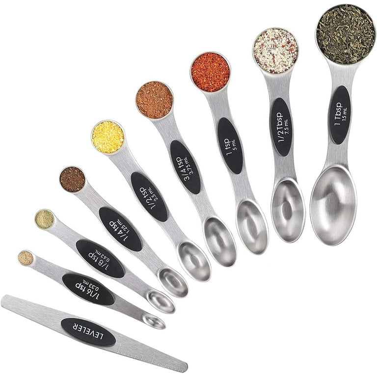 Magnetic Measuring Spoons 9 Piece Set, Stainless Steel Metal with Leveler,  Dual Sided Nesting Design, Metric and US Fits in Spice Jars, Precise