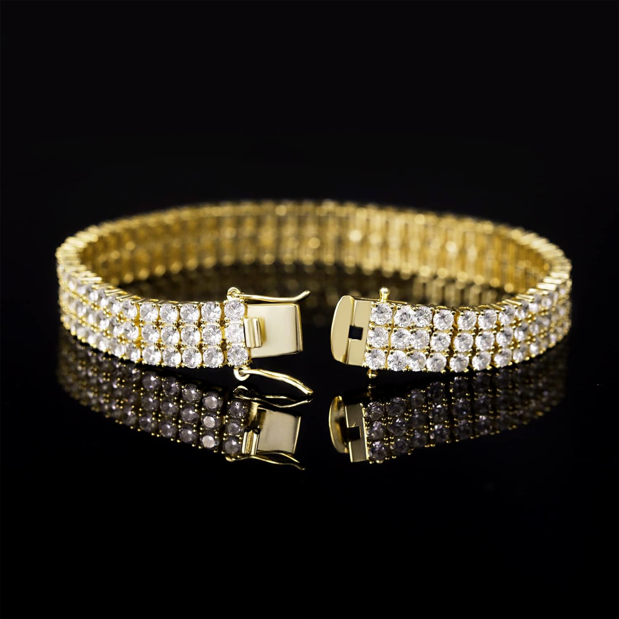 GEMSME Tennis Bracelets for Women Men 18K Yellow Gold Plated 3 Row 3.0 mm Round Cubic Zirconia Tennis Bracelet Iced Out Hip Hop Bracelet 7 Inches