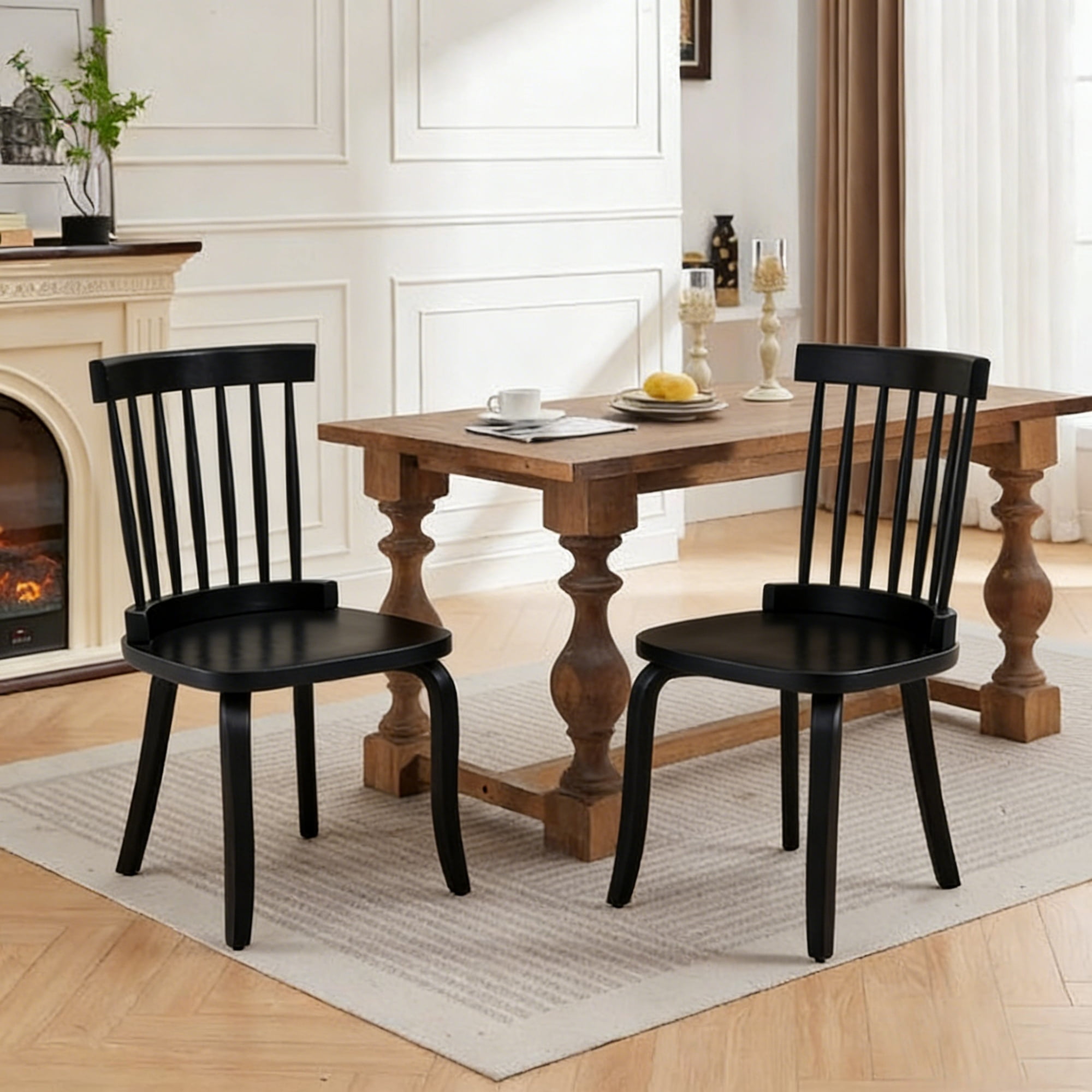 Dining Chairs Set of 2, Windsor Dining Chairs, Spindle Back Chairs&nbsp;Classic Farmhouse Design With High Spindle Back And Widen Seat, Engineered Wood Frame, Anti-Slip Rubber Feet, Black Finish