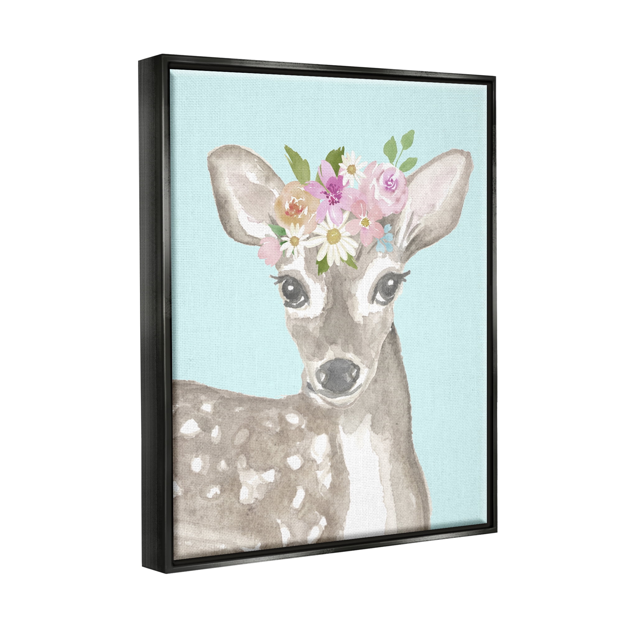 Stupell Industries Floral Deer on Blue Animals & Insects Painting Black Floater Framed Art Print Wall Art, 17 x 21