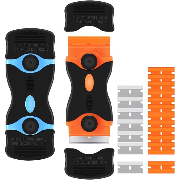 2-Pack Razor Blade Scraper, 2-in-1 Scraper Tool with 20 Plastic and 20 Metal Blades, Safety Cleaning Razor for Stickers, Decals, Paint, and Adhesive, 4.5-Inch