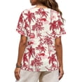 thumbnail image 2 of Xoenoiee Red Toile De Jouy Palm Tree Print Women's Shirt Tunic Top, Round Neck Shirts Short Sleeve Linen Like Blouse Button Decor Dressy Loose Fit Pullover Top for Outdoor Vacation, 2XL, 2 of 7