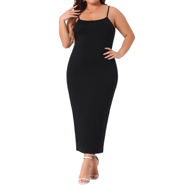 GRACE & GRANDEUR Vestido Cami de Talla Grande para Mujeres, Sin Mangas, Con Tirantes Espagueti, Vestidos Maxi 2X Negro