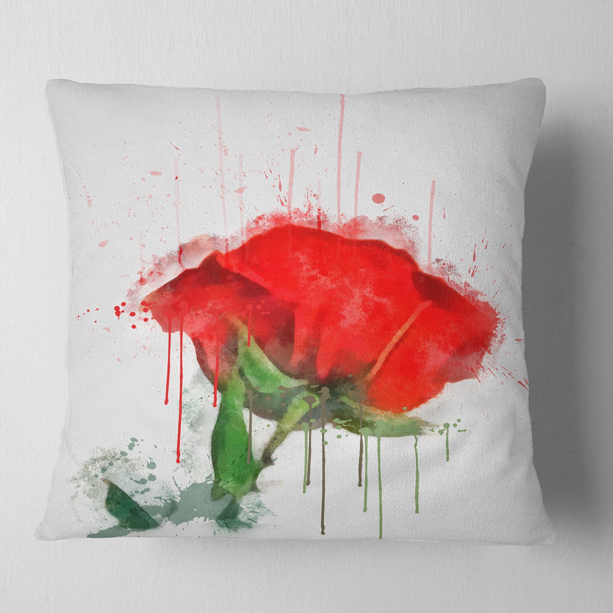 Designart Red Rose Hand drawn Painting - Floral Throw Pillow - 16x16