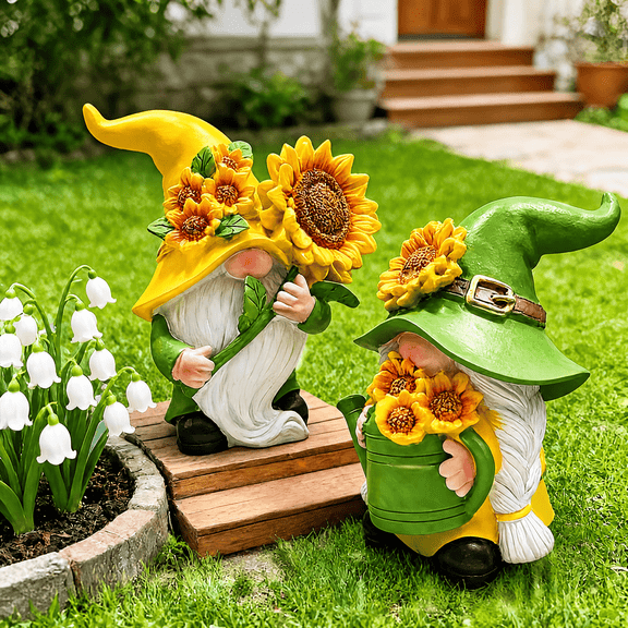 2Pcs Green Sunflower Gnome Decor, Resin Garden Gnomes Statues for Outdoor Patio Lawn, Spring Summer Home Yard Ornaments, Cute Desk Figurines Gift for Women