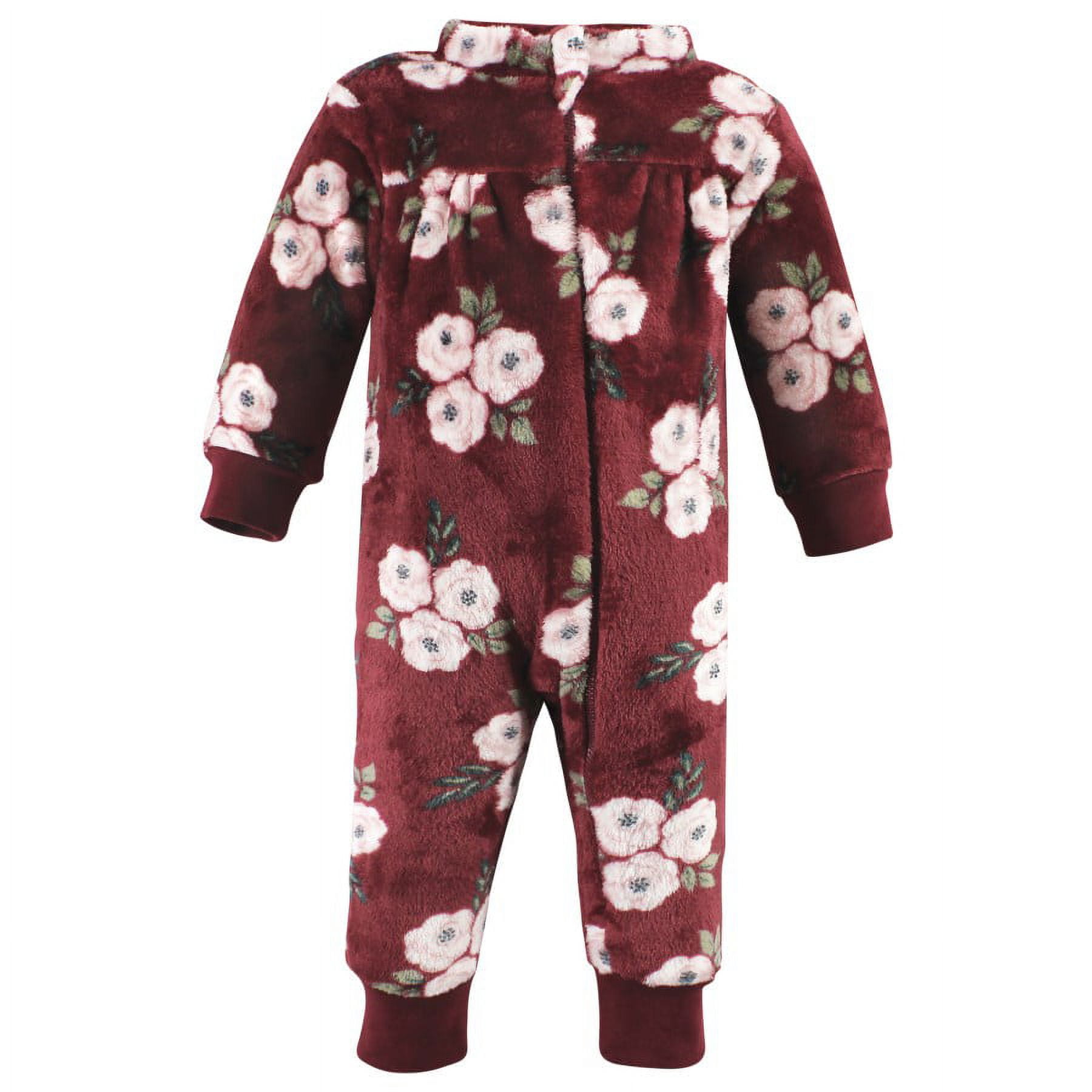 Hudson Baby Infant Girl Plush Jumpsuits, Burgundy Floral, 0-3 Months