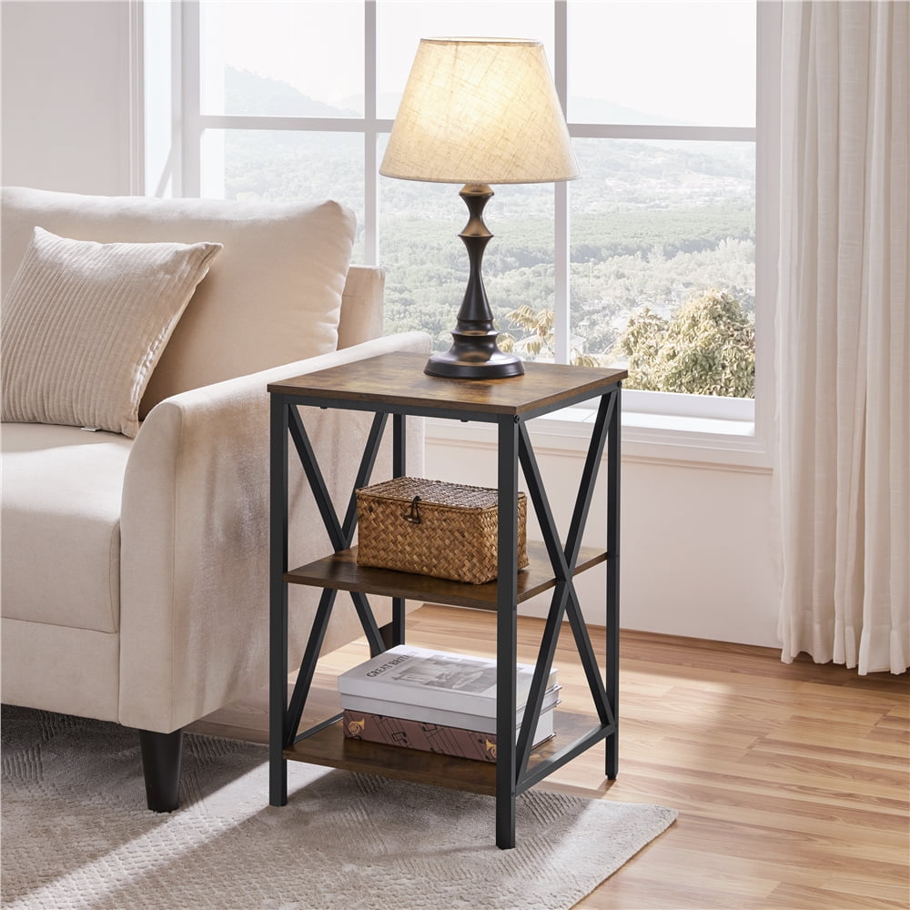Alden Design Industrial 3-Tier Wooded End Table with Metal Frame for Living Room, Rustic Brown